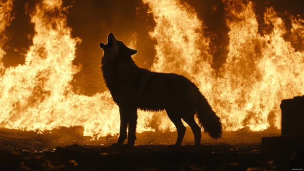 A silhouette of a howling wolf surrounded by walls of rising flame.
