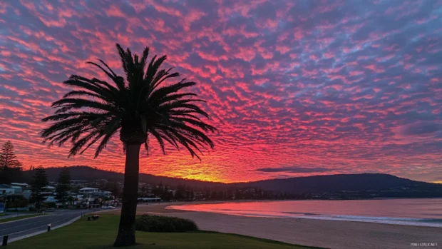 A silhouette of a palm tree against a stunning sunrise sky, with a sandy beach in the foreground.