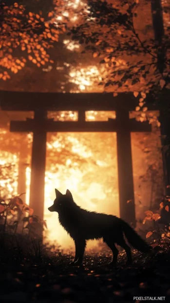 A silhouette of a small black wolf standing in front of a glowing temple gate.