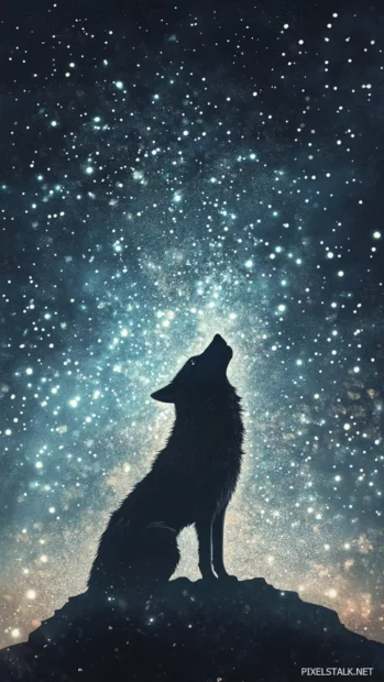 A silhouette of a wolf forming from glowing particle trails across a starlit sky.