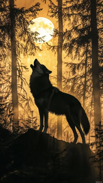 A silhouette of a wolf mid howl framed by glowing moonlight in a vertical forest view.