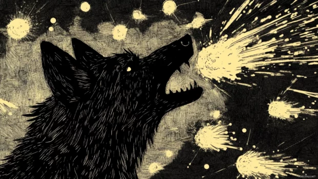 A silhouette of a wolf with starry fur howling into a sky full of comets.