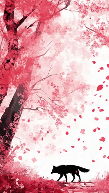 A silhouette of a young wolf walking alone under falling sakura blossoms.