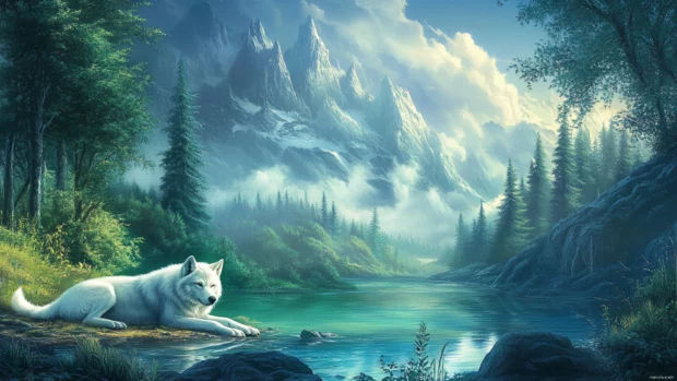 A silver wolf resting near a mountain stream.