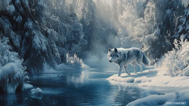 A silver wolf walking through a snowy pine forest.