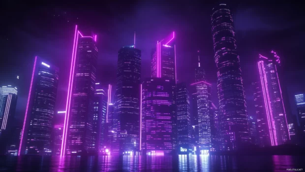 A simple Cyberpunk cityscape featuring tall, illuminated skyscrapers and a few neon lights, with an emphasis on silhouette and color contrast.