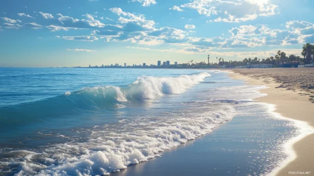 A simple Los Angeles beach scene with gentle waves, sandy shores, and a hint of the city skyline in the distance.