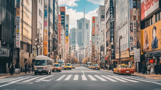 A simple Tokyo street view with modern buildings and subtle neon signs, featuring a calm, uncluttered composition.