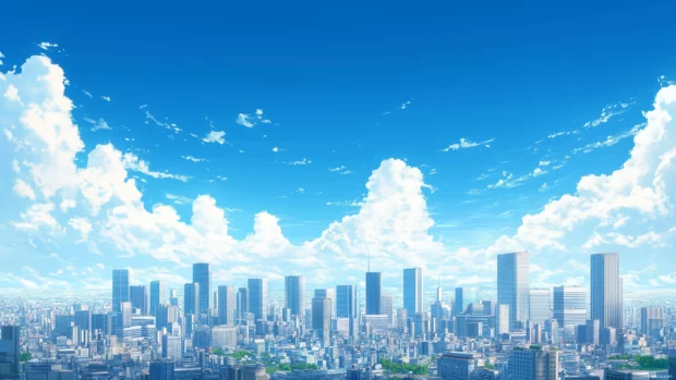 A simple anime city skyline with clean lines and a bright, clear sky.