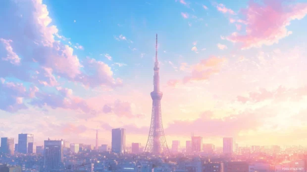 A simple anime cityscape featuring a few key landmarks with a soft, dreamy sky.