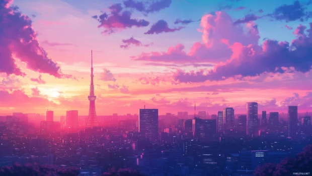 A simple anime cityscape featuring a few key landmarks with a soft, dreamy sky.