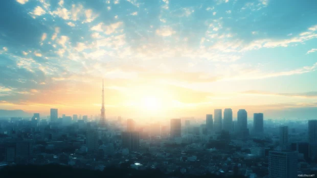 A simple anime cityscape with key landmarks and a soft, dreamy sky.