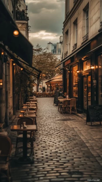 A simple street view of classic Parisian architecture with charming cafés and cobblestone streets.
