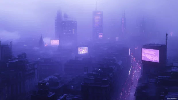 A simplified Cyberpunk city with glowing neon billboards and a few towering buildings, bathed in a blue and purple color scheme.
