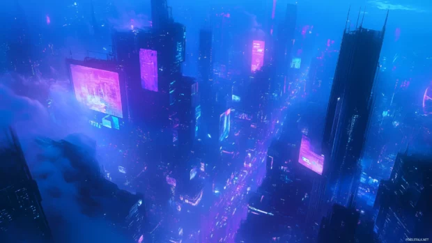 A simplified Cyberpunk city with neon billboards and a few tall buildings in blue and purple tones.
