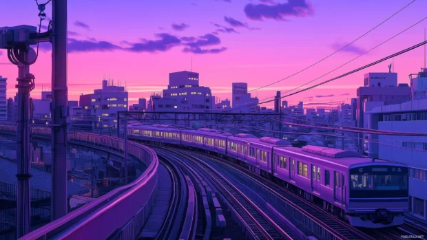 A simplified anime city view with gentle curves and a pastel background.