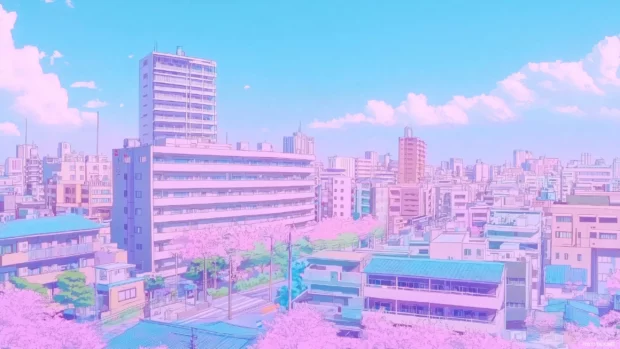 A simplified anime city view with soft curves and a pastel colored background.