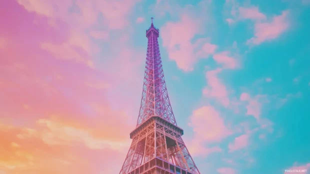 A simplified view of the Eiffel Tower against a pastel sky, with minimal detail and soft colors.