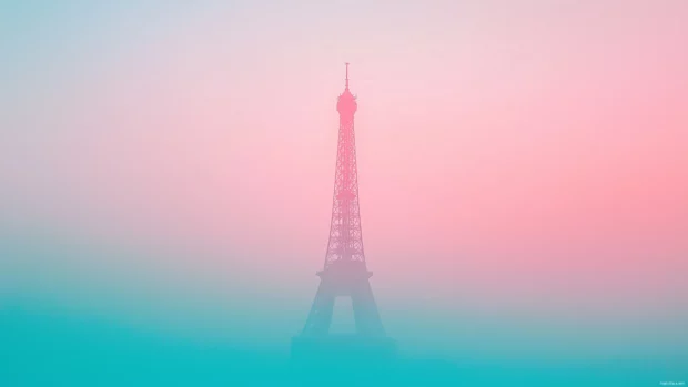 A simplified view of the Eiffel Tower against a pastel sky, with minimal detail and soft colors.