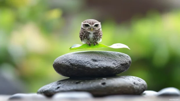 A single feathered owl gently balancing on a floating leaf in a zen garden.