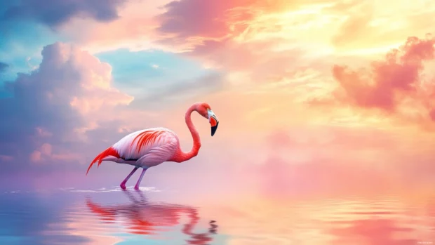 A single flamingo captured mid step as it walks across reflective water, with vibrant clouds overhead.