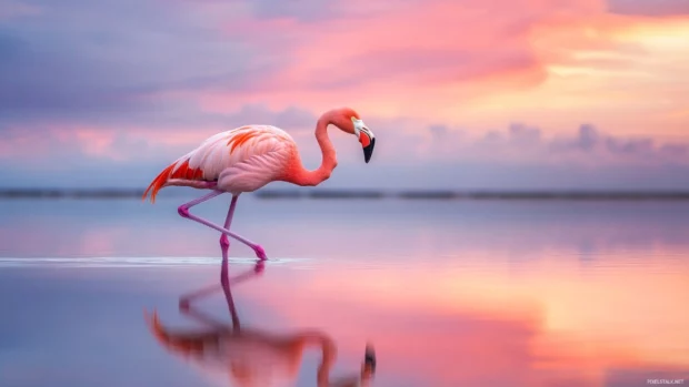 A single flamingo captured mid step as it walks across reflective water, with vibrant clouds overhead.
