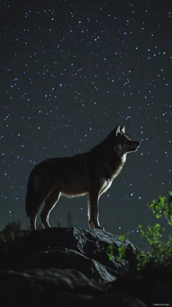 A single wolf standing beneath a meteor shower on a rocky hill.