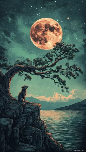A sketch style wolf and giant moon overlapping in a dreamy art composition.