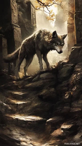 A sketch style wolf climbing a rock path surrounded by ancient ruins.
