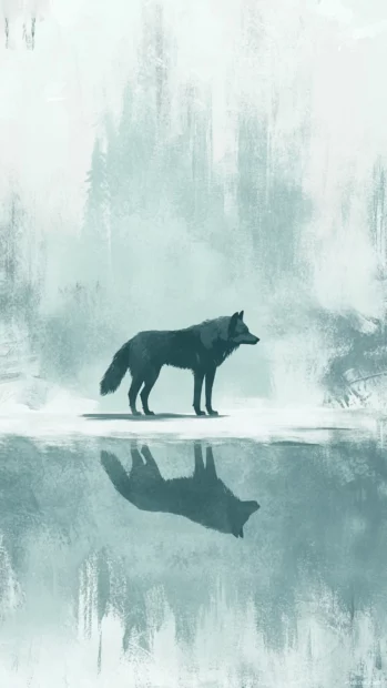 A sketched wolf standing on a frozen lake reflecting vertical auroras.