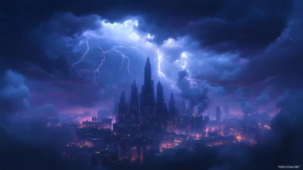 A skyline during a thunderstorm, with dark clouds swirling above tall buildings illuminated by lightning strikes.