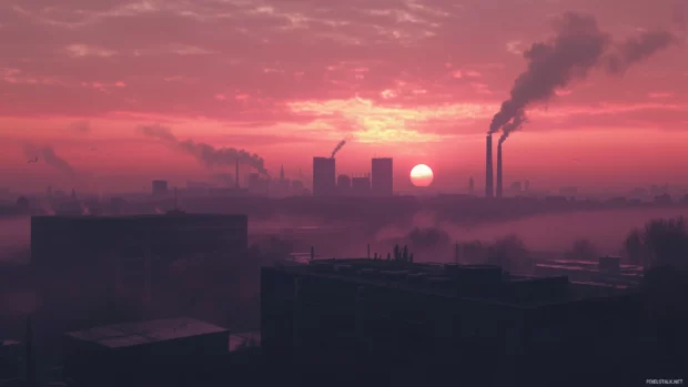 A skyline of an industrial area with smokestacks and warehouses, contrasted by a soft pink and orange sunset.