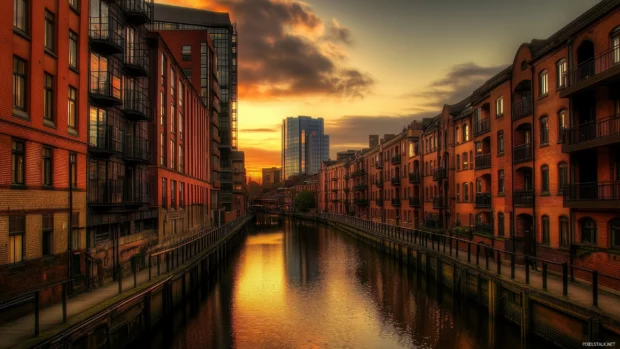 A skyline showcasing colorful buildings along a canal, under a golden hour sky with vivid reflections in the water.
