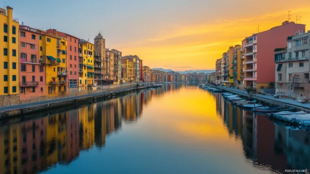A skyline showcasing colorful buildings along a canal, under a golden hour sky with vivid reflections in the water.