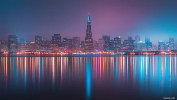 A sleek city skyline with clean lines, subtle colors, and gentle ambient lighting, emphasizing simplicity.
