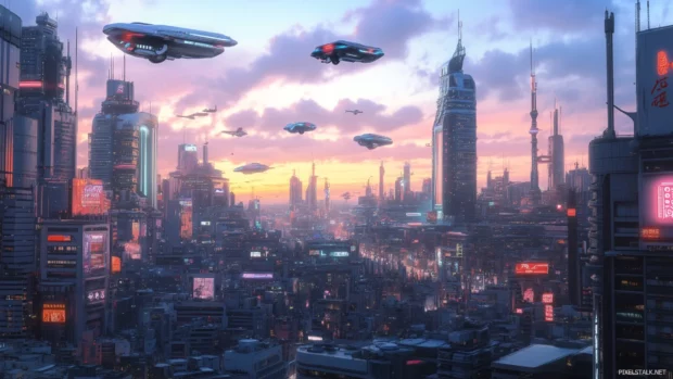 A sleek futuristic city with towering skyscrapers, flying cars, and glowing neon lights under a dusk sky.