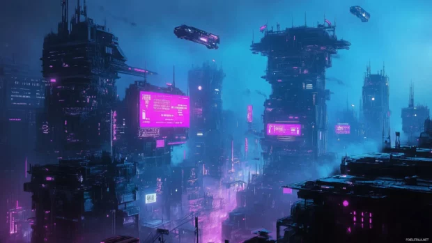 A sleek, minimalist Cyberpunk cityscape with neon lights and futuristic skyscrapers against a dark.
