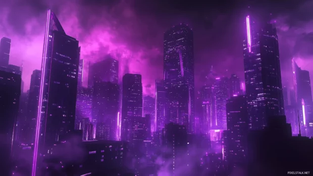 A sleek, minimalist Cyberpunk cityscape with neon lights and futuristic skyscrapers against a dark, moody sky.
