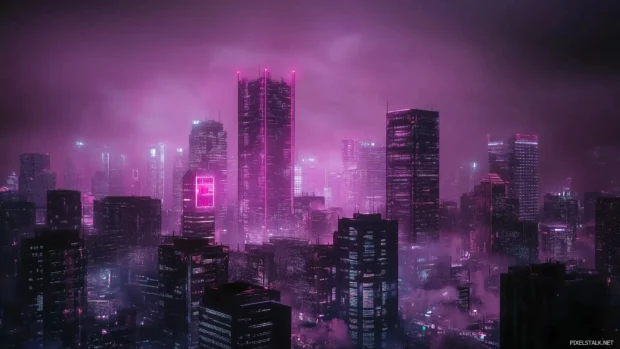 A sleek, minimalist Cyberpunk cityscape with neon lights and futuristic skyscrapers against a dark, moody sky.
