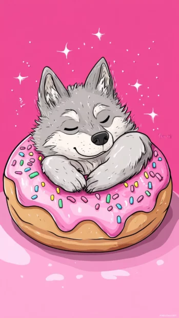 A sleeping wolf snuggled inside a donut, surrounded by sparkles and sprinkles.