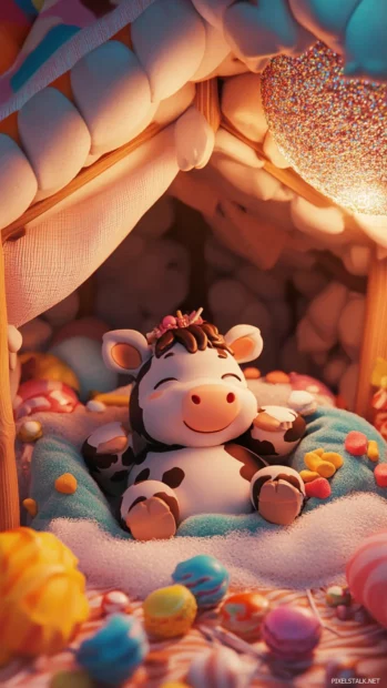 A sleepy Cute Cow in a blanket fort made of sweets.