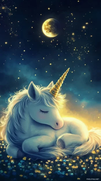 A sleepy Cute Unicorn resting under glittering moons.