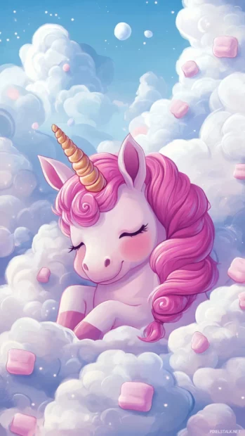 A sleepy unicorn surrounded by marshmallow clouds in this Kawaii chibi unicorn scene.