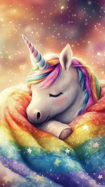 A sleepy unicorn wrapped in a rainbow blanket, great for cute unicorn wallpaper.