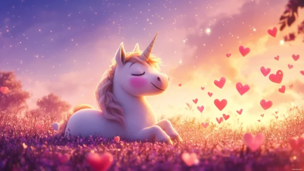 A sleepy unicorn yawns under a twinkling sky full of hearts.