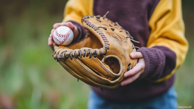 A small child holding a baseball glove bigger than their hand.
