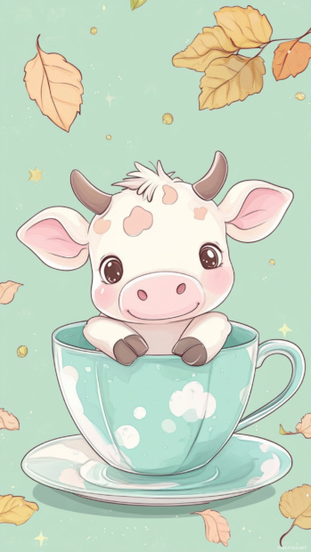 A small cow hiding in a teacup in this Kawaii cow cartoon background.