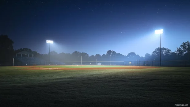 A small town baseball field under a starry night, stadium lights casting a soft glow on the empty stands .
