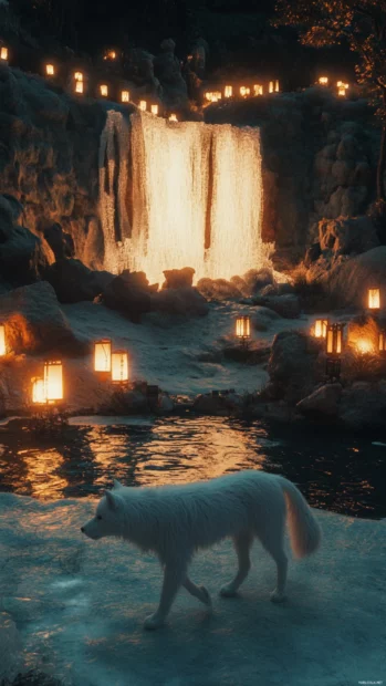 A small white wolf walking beside a frozen waterfall lit by lanterns.