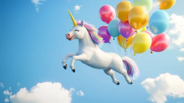 A smiling unicorn flies with balloons in this bright High Resolution Unicorn Wallpaper.